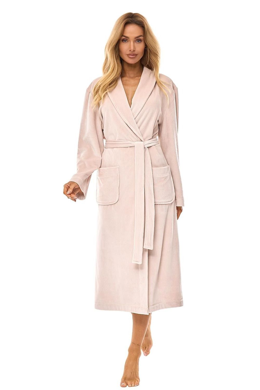 Elegant women's bathrobe from L&L Collection, showcasing a comfortable fit, waist tie for silhouette adjustment, and sumptuous polyester fabric for relaxation.