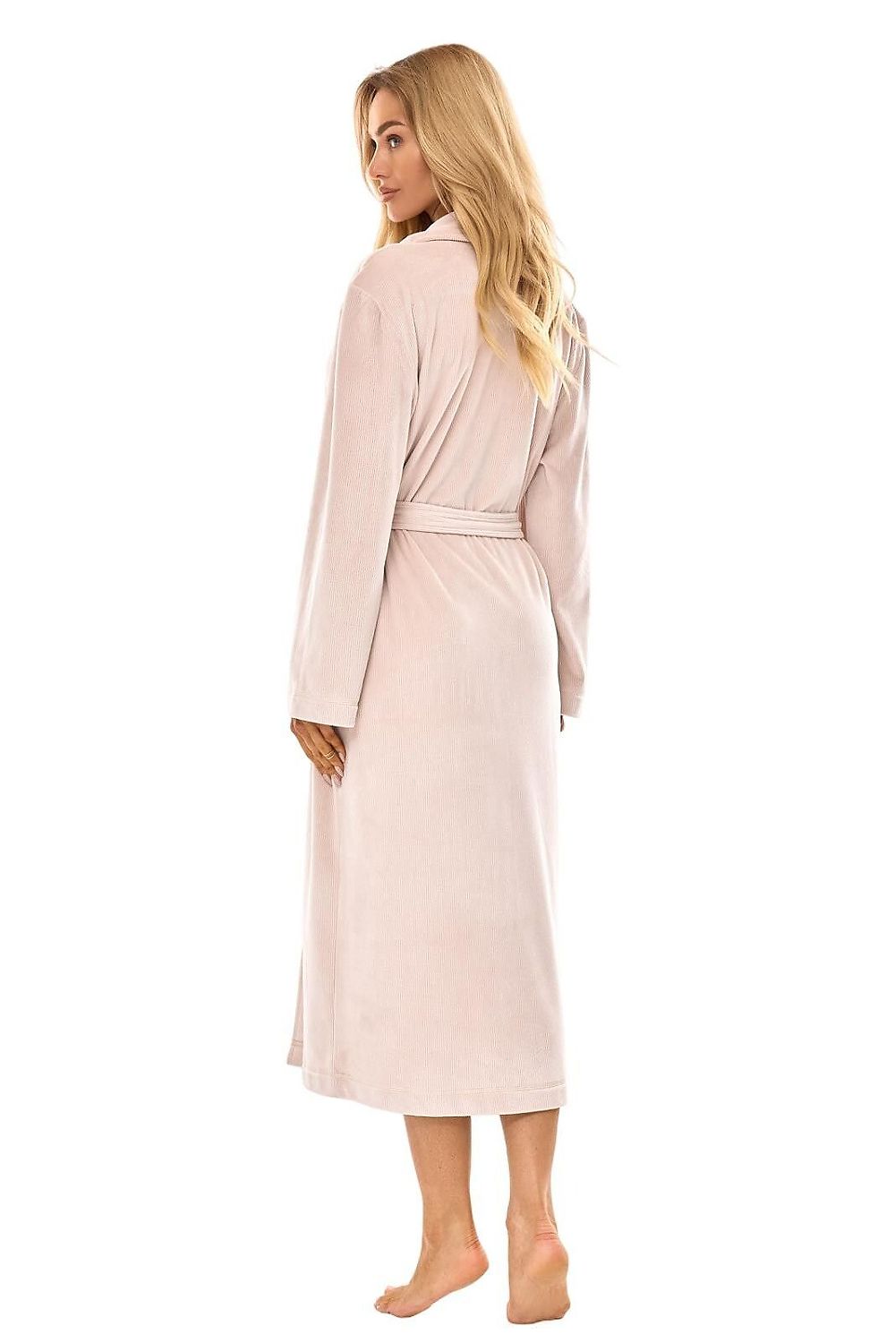 Chic knee-length bathrobe by L&L Collection, perfectly combining comfort and style, ideal for lounging at home in upscale elegance.