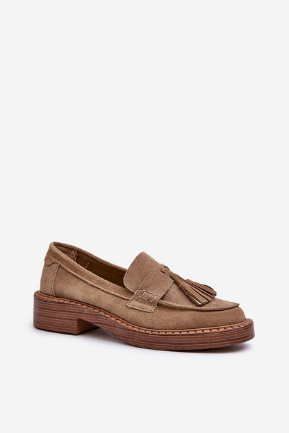 Sophisticated moccasins for women by Step in Style, made of natural suede with a flat heel, perfect for casual or formal looks.