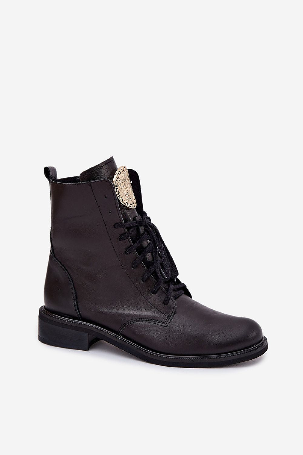 Stylish natural leather ankle boots with gold accents from Step in Style, showcasing a comfortable flat heel and perfect fit lacing for chic everyday wear.