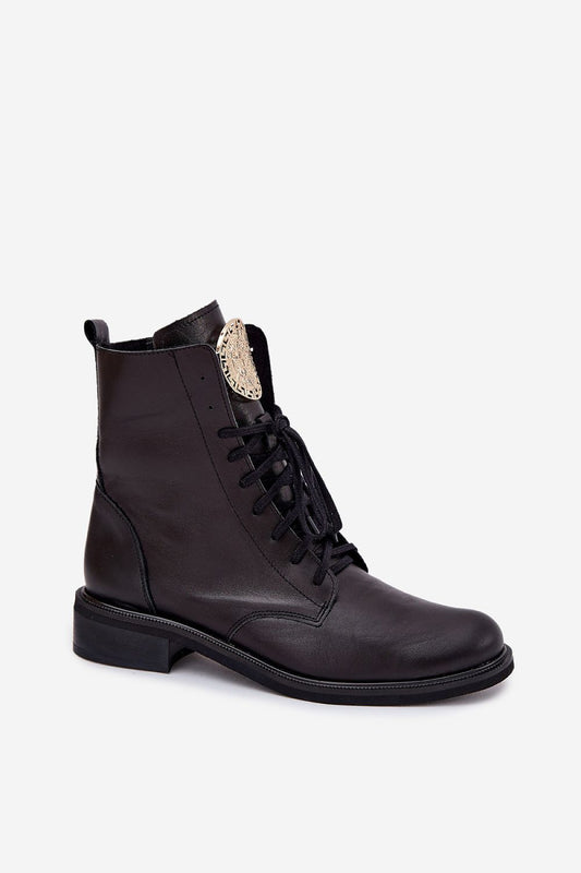 Stylish natural leather ankle boots with gold accents from Step in Style, showcasing a comfortable flat heel and perfect fit lacing for chic everyday wear.