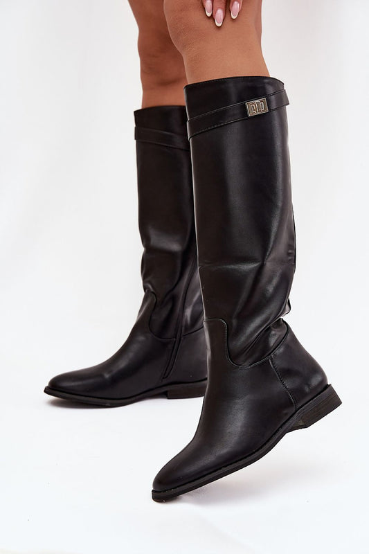 Luxurious eco leather thigh-high boots for women by Step in Style, featuring a flat heel and elegant decorative strap. Perfect for stylish winter outfits.