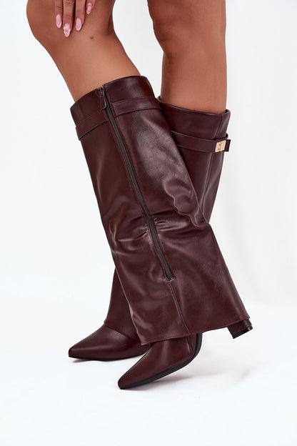 Elegant women's knee-high heel boots with rolled cuff and gold detail by Step in Style, showcasing beautiful synthetic leather craftsmanship and a chic pointed toe design.