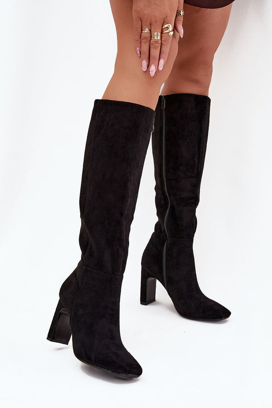 Luxury knee-high women's eco suede heel boots by Step in Style with insulation for warmth, featuring a modern square toe design and stunning 9 cm column heel, available in sizes EU 36-41.