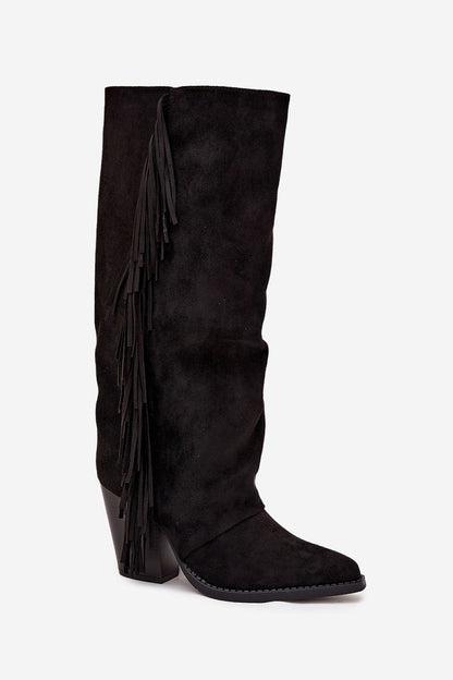 Detailed view of luxury faux suede cowboy heel boots featuring a comfortable column heel and zip closure, designed by Step in Style for elegant women's fashion.