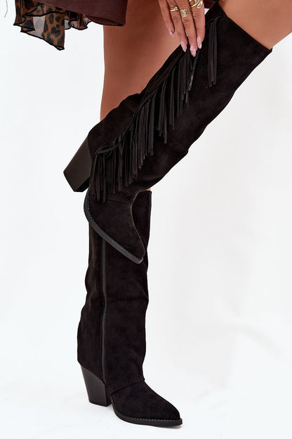 Stylish luxury faux suede cowboy heel boots for women in various sizes, designed by Step in Style, ideal for pairing with dresses and skirts.