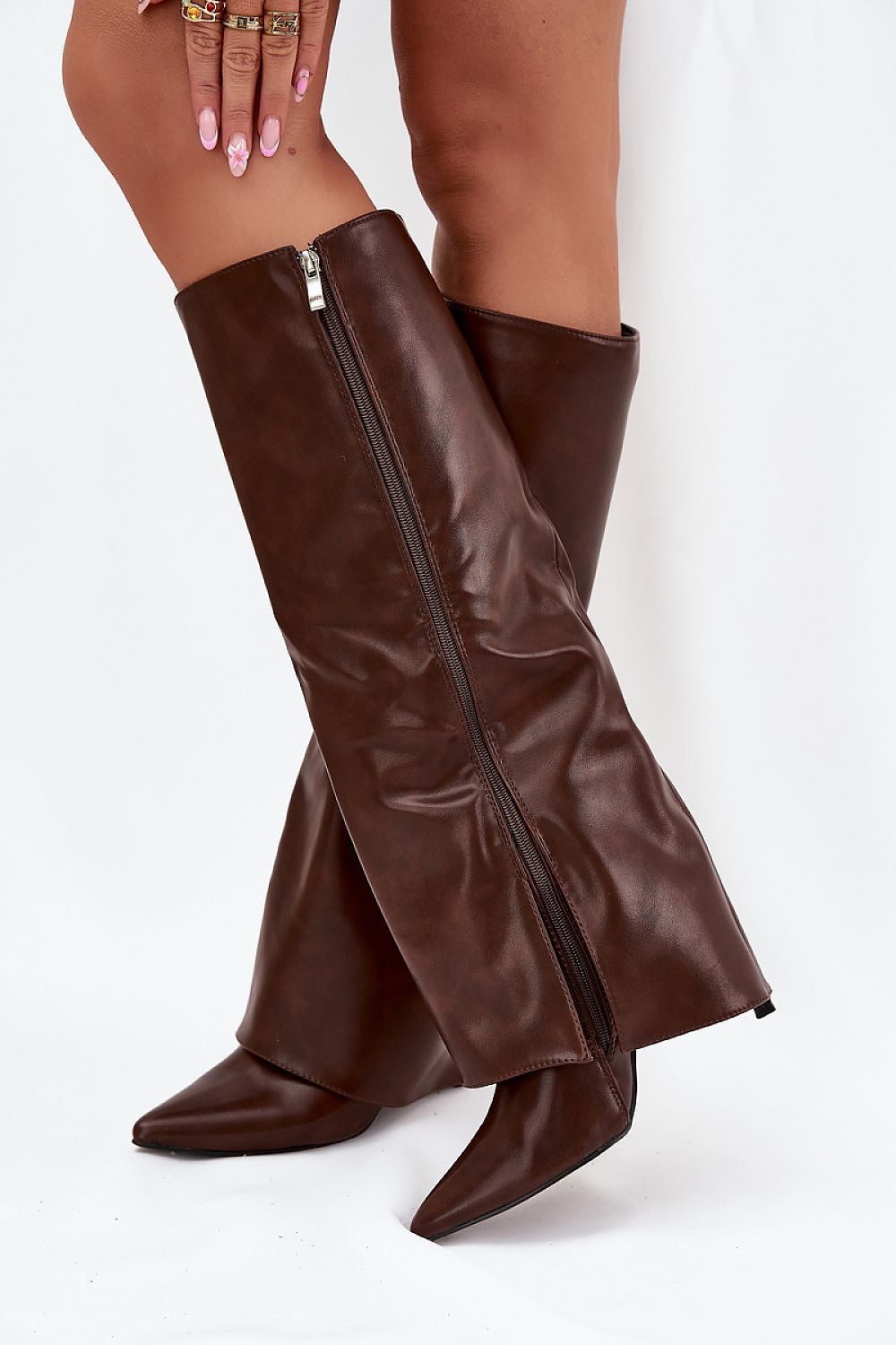 Elegant eco-leather knee-high heel boots by Step in Style, featuring pointed toes and a chic side zipper, perfect for luxury autumn and winter fashion.