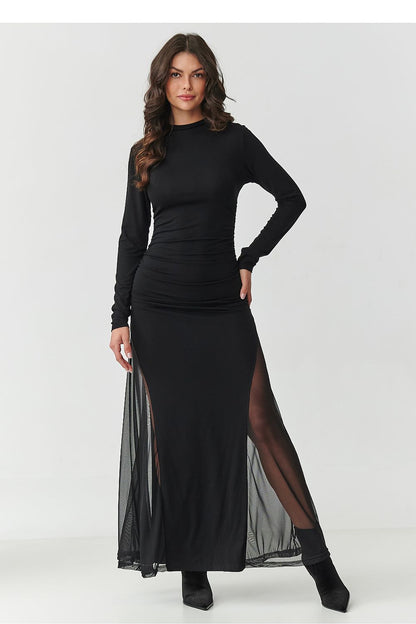 Elegant Black Maxi Dress with Tulle Inserts by Makadamia, showcasing timeless feminine style and sophistication.
