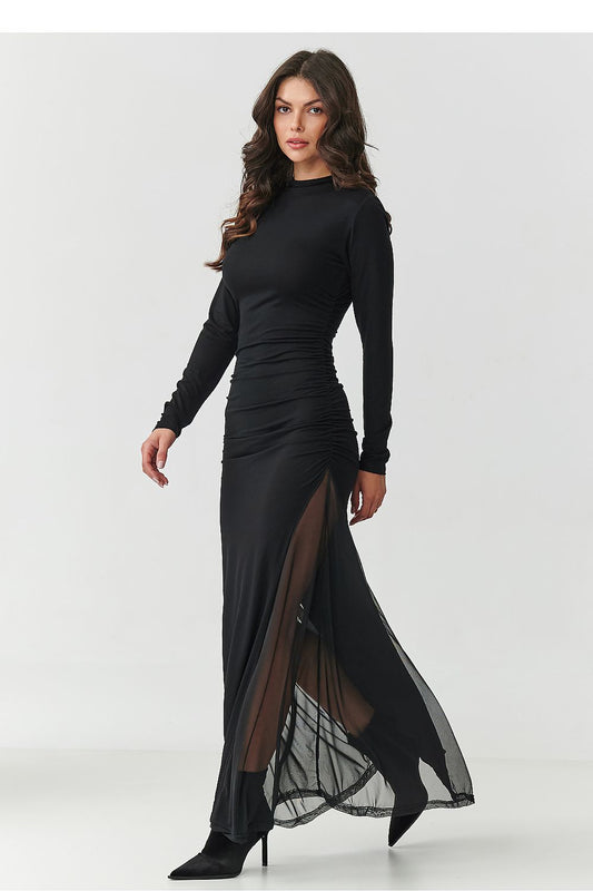 Makadamia Black Maxi Dress featuring deep tulle inserts, highlighting elegant silhouette and classic design for women.