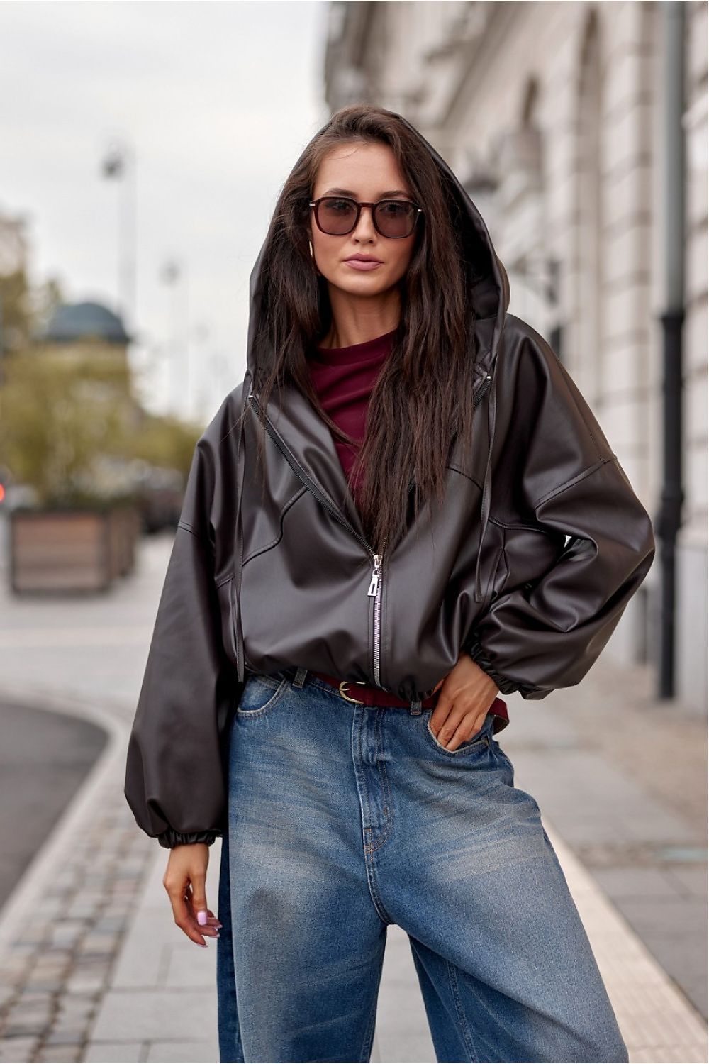 Roco Fashion Oversized Eco-Leather Jacket with Hood, showcasing luxurious streetwear style and attention to detail, perfect for modern outfits.