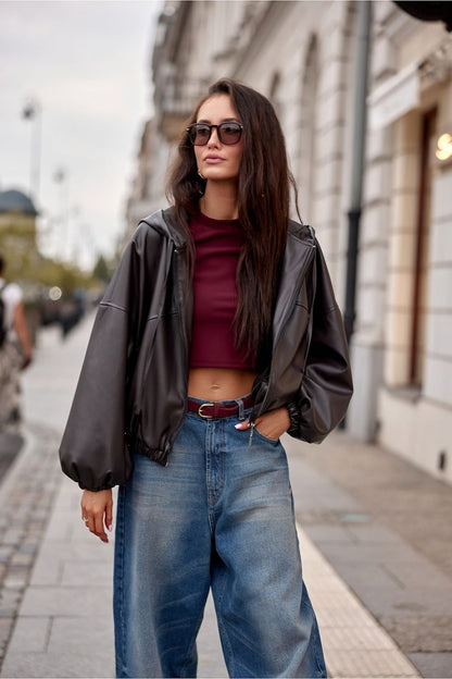 Close-up of the Roco Fashion Eco-Leather Jacket details, featuring high-quality material and finishing touches that reflect luxury appeal.