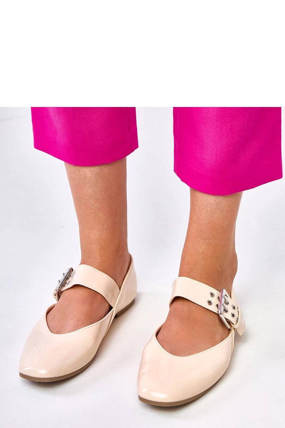 Solea eco-leather ballet flats in various sizes, highlighting the chic square toe and elegant buckle detail.