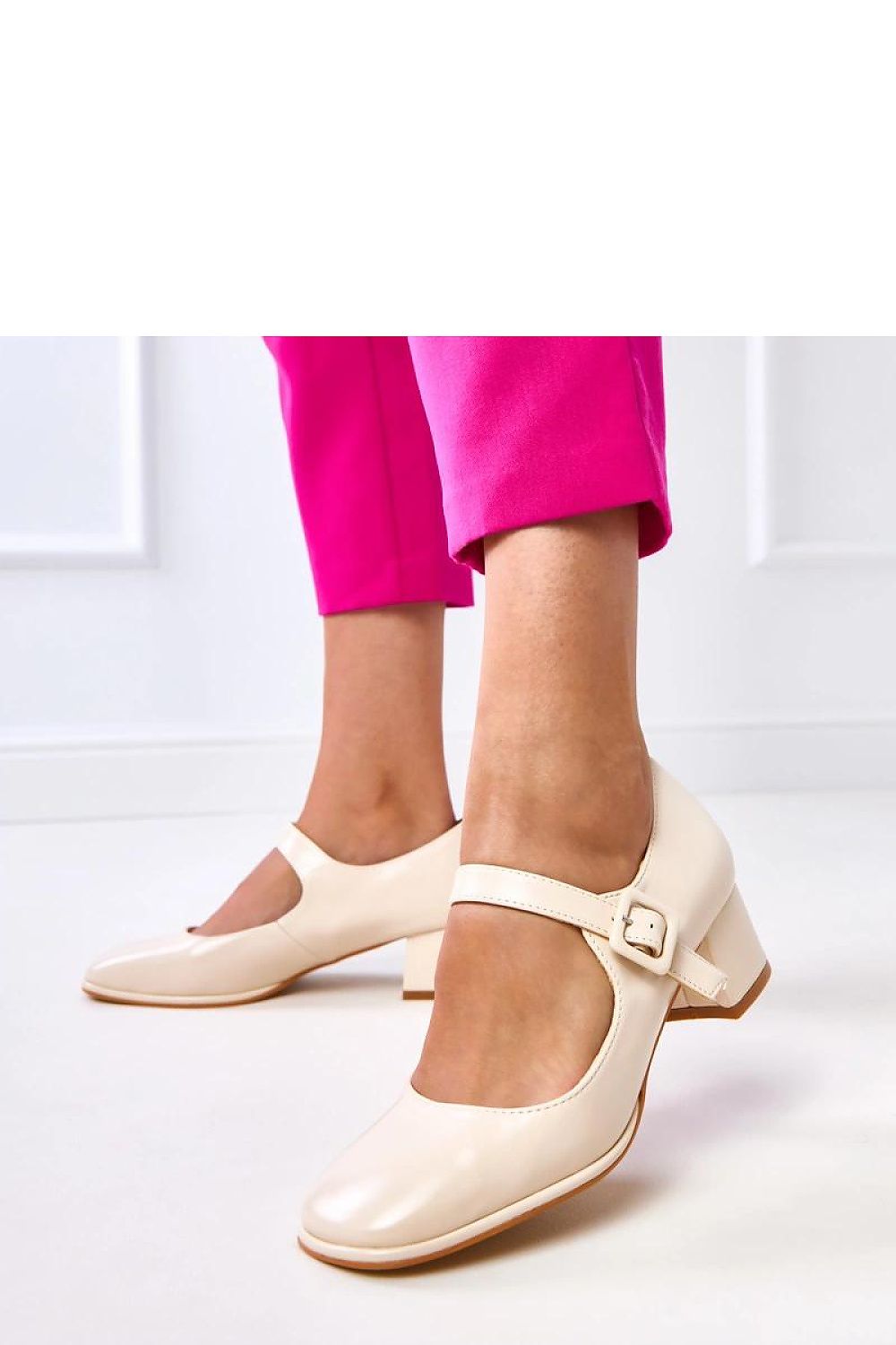 Solea Elegant Buckle Strap Heel Pumps in high-quality synthetic leather, featuring a 4.5cm block heel, perfect for stylish comfort.