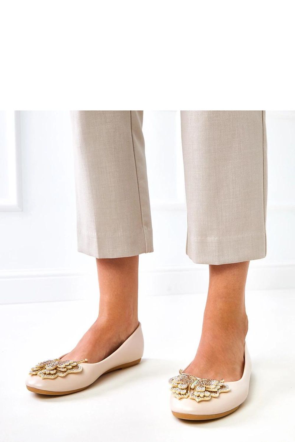 Elegant Solea women's ballet flats in eco leather featuring decorative butterfly and sparkling zircons, perfect for adding a touch of luxury to any outfit.