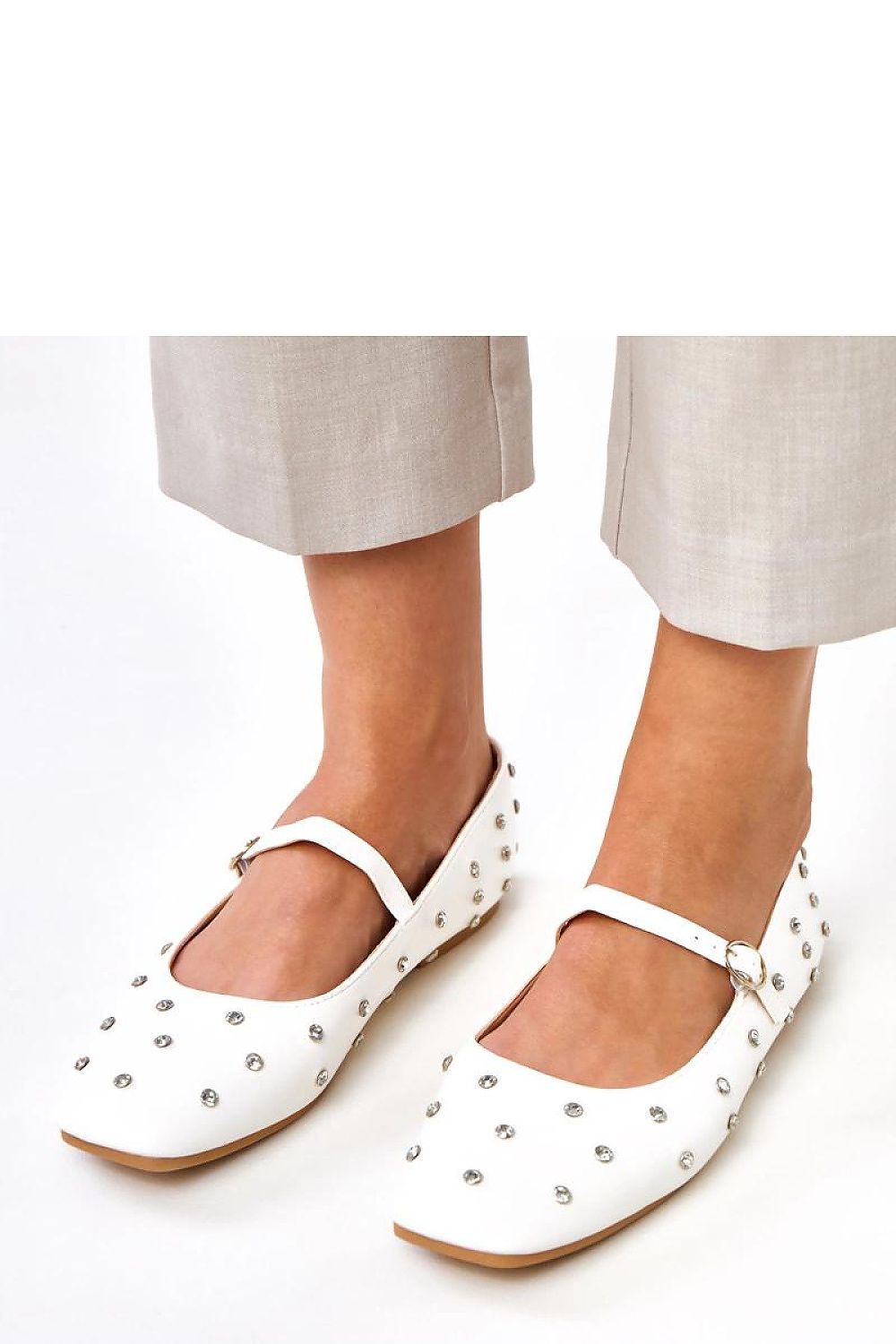 Elegant crystal-embellished eco-leather ballet flats by Solea, showcasing a timeless square toe design with a low heel, perfect for adding sophistication to any outfit.