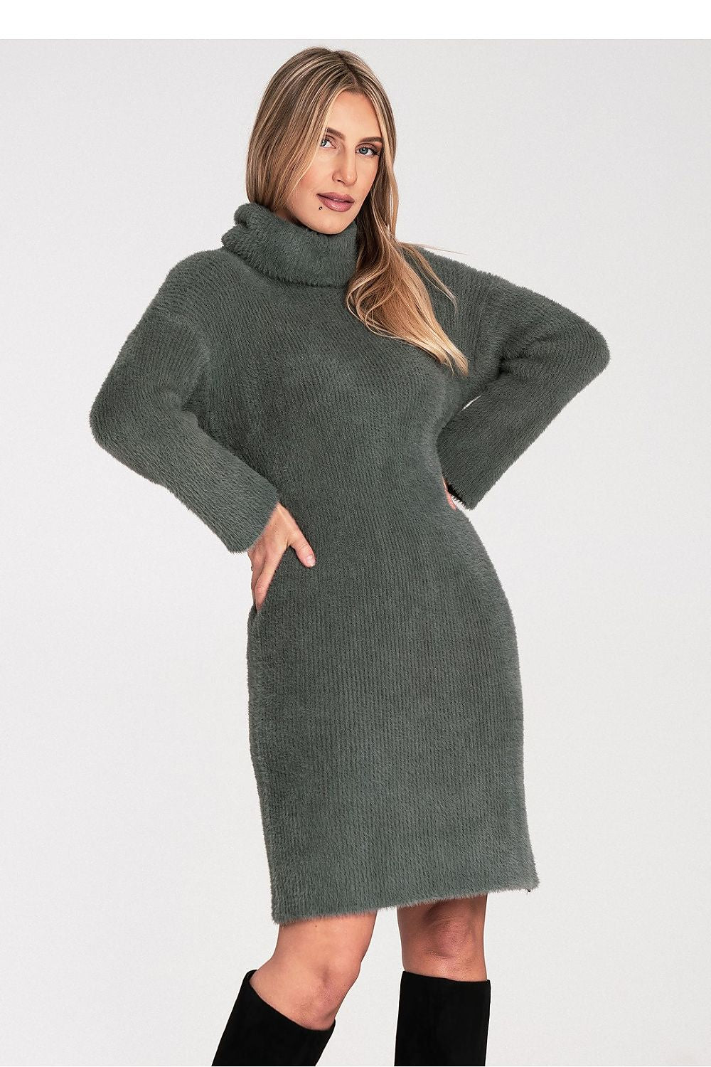 Elegant Fluffy Fabric Daydress by Figl featuring a turtleneck and long flared bell sleeves, crafted from 100% nylon for ultimate comfort and luxury.