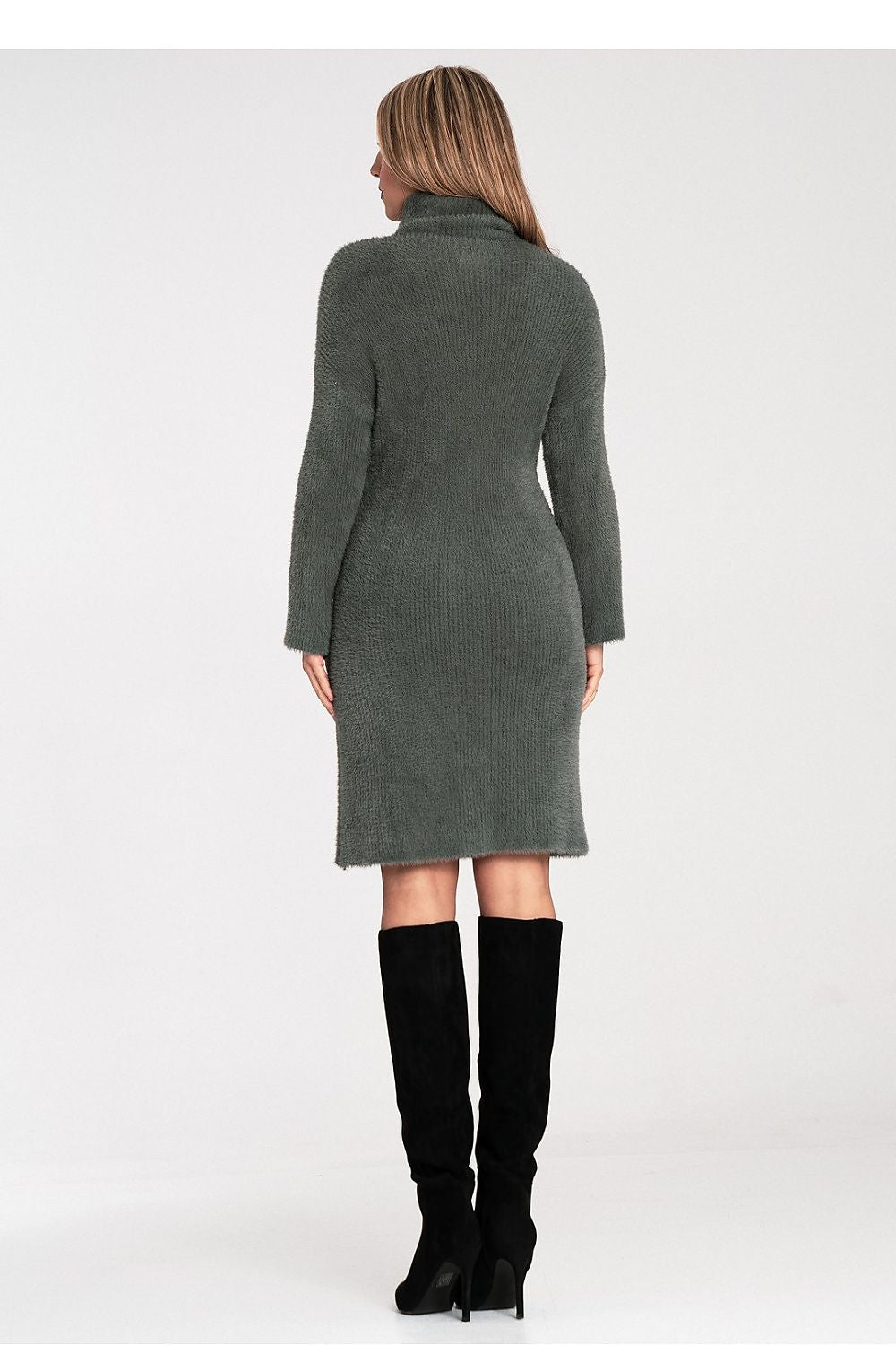 Model wearing Figl's Elegant Fluffy Fabric Daydress with turtleneck and flared bell sleeves, highlighting its chic silhouette and delicate nylon material.