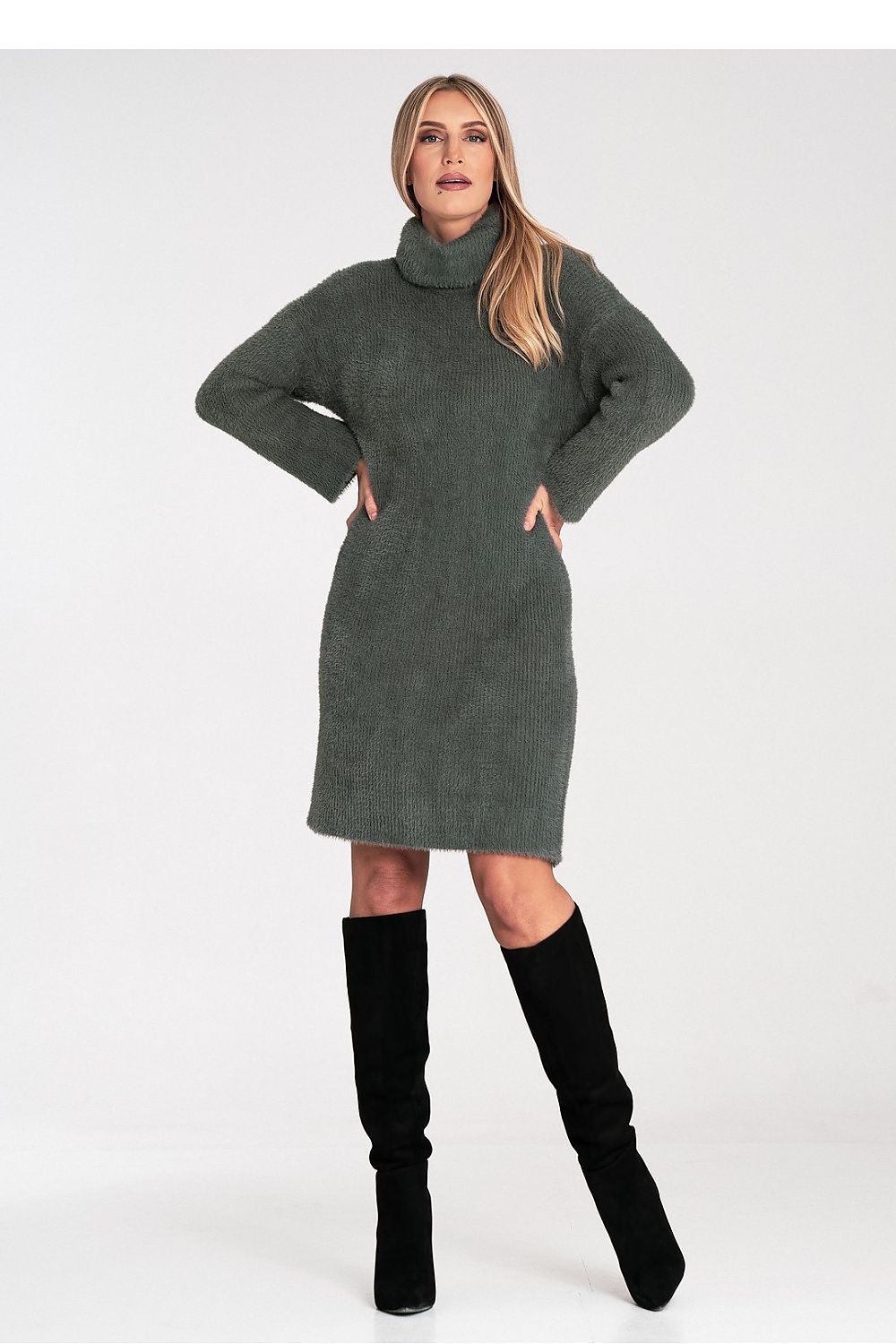 Elegant Fluffy Fabric Daydress by Figl featuring a luxurious turtleneck and long, flared bell sleeves in a graceful silhouette, EU Size 0.