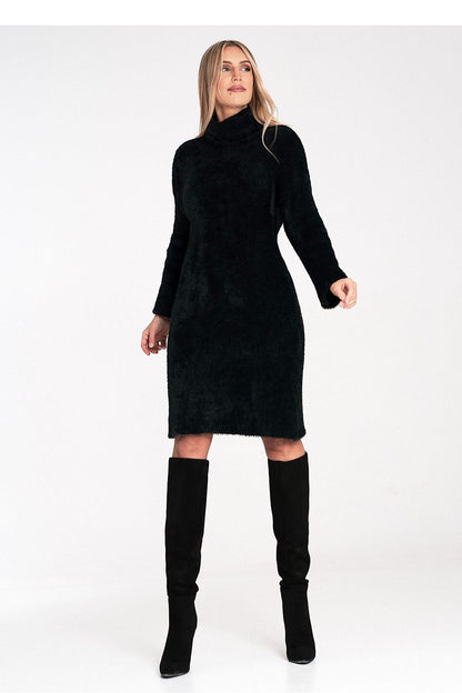Elegant Fluffy Fabric Daydress by Figl with turtleneck and long flared bell sleeves, showcasing luxury and comfort.