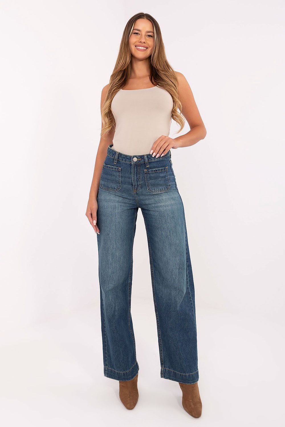 Elegant women's high-rise relaxed fit jeans by Sublevel, crafted from 100% cotton for ultimate comfort and style, perfect for casual occasions.