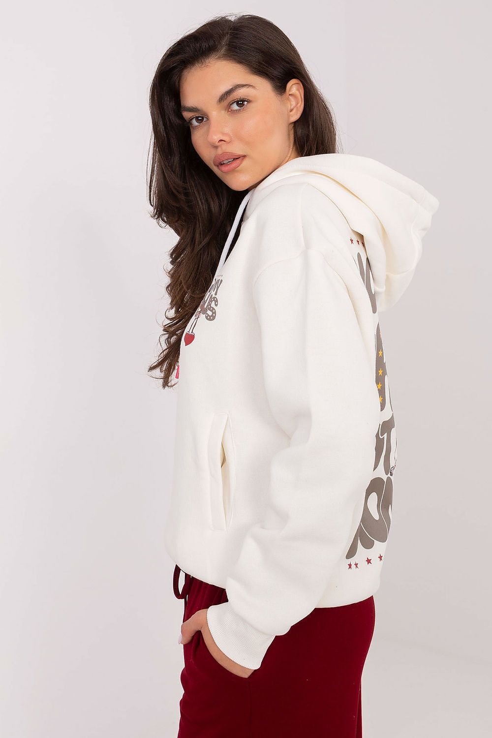 Sublevel luxury women's casual hoodie with hood and delicate print detail, ideal for adding a touch of elegance to casual outfits.