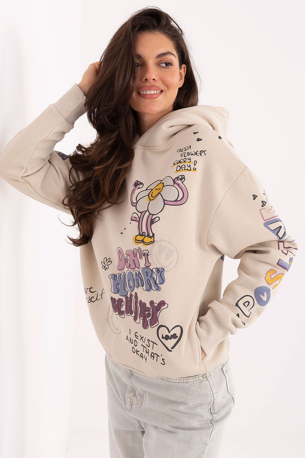 Sublevel women's sweatshirt showcasing a chic design with elegant prints, perfect for everyday wear in sizes XS-XL.