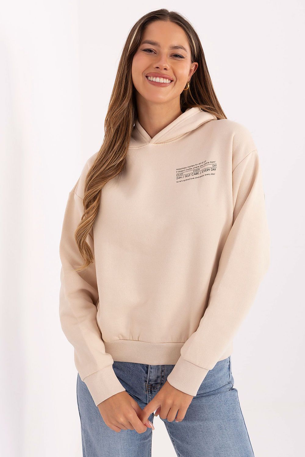 Charming women's casual hoodie by Sublevel, made from breathable cotton-polyester blend for an effortlessly elegant look.