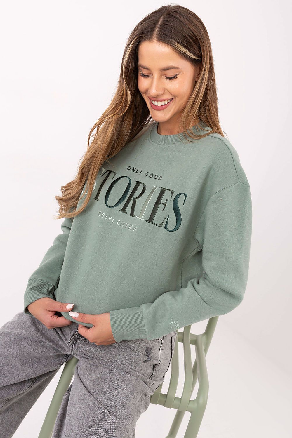 Luxury women's casual sweatshirt by Sublevel, crafted from a soft cotton blend featuring elegant embroidery, perfect for stylish everyday wear. Available in sizes XS to XXL.