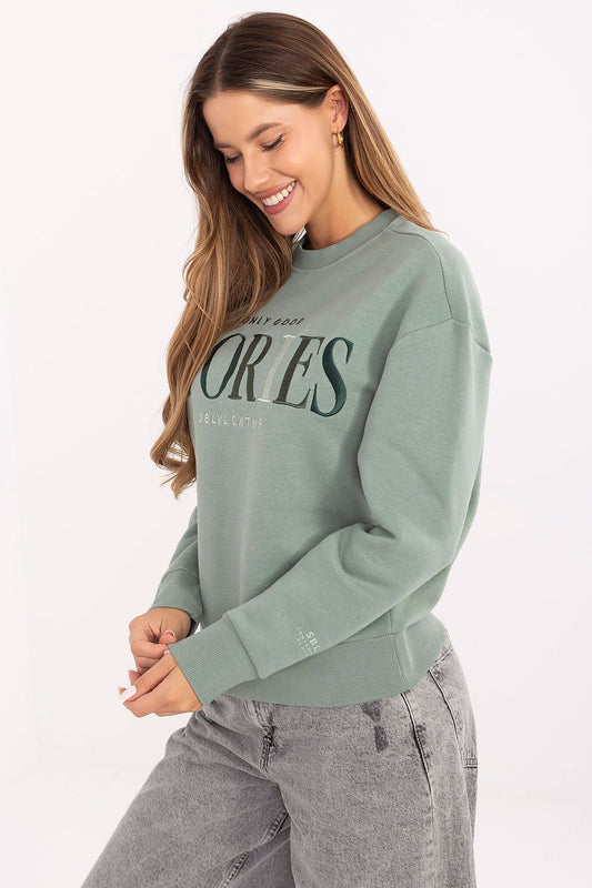 Luxury women's casual cotton blend sweatshirt in elegant design by Sublevel, featuring intricate embroidery and a round neckline.