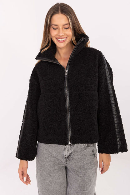 Luxurious women's faux fur jacket by Sublevel with eco-leather inserts, featuring a casual style for autumn and winter outfits, available in sizes XS to XXL.