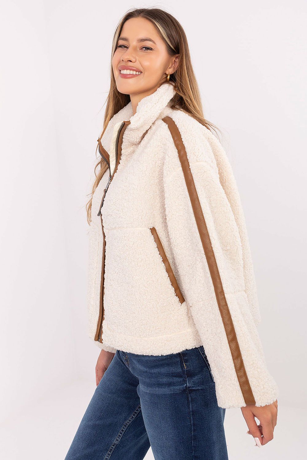 Chic women's faux fur jacket with eco-leather accents by Sublevel, designed for casual yet sophisticated fall and winter looks.