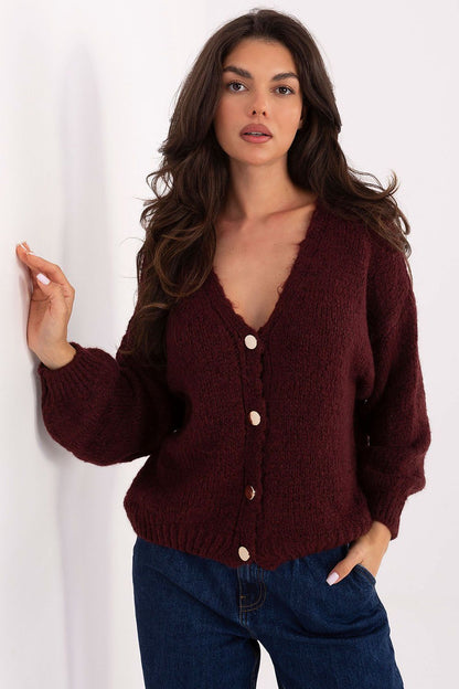 Elegant V-Neck Cardigan by Rue Paris, a luxurious women's soft wool blend sweater in EU size 0, showcasing its refined design and quality fabric.