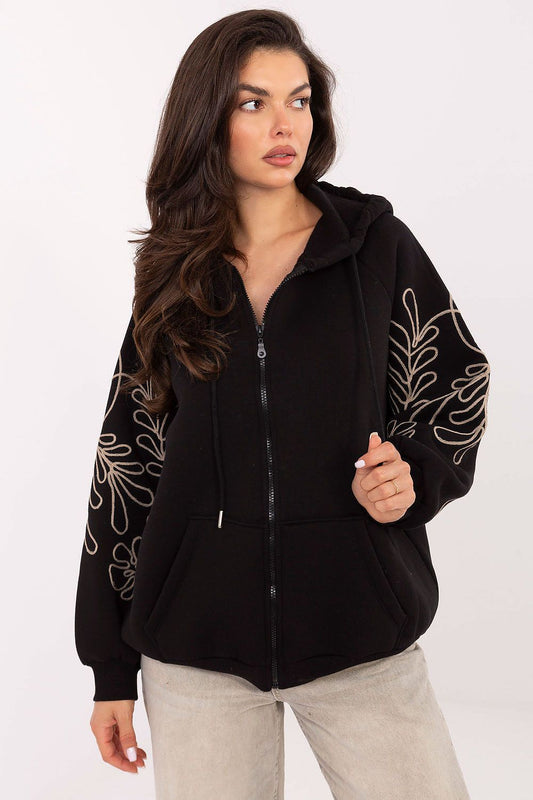 Elegant casual women's hoodie by Relevance featuring a stylish zipper closure and embroidered detail, perfect for layering in cooler weather.