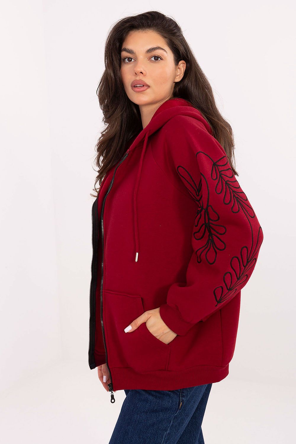 Luxurious casual women's hoodie by Relevance featuring a stylish zipper, practical pockets, and elegant embroidery, perfect for sophisticated everyday wear.