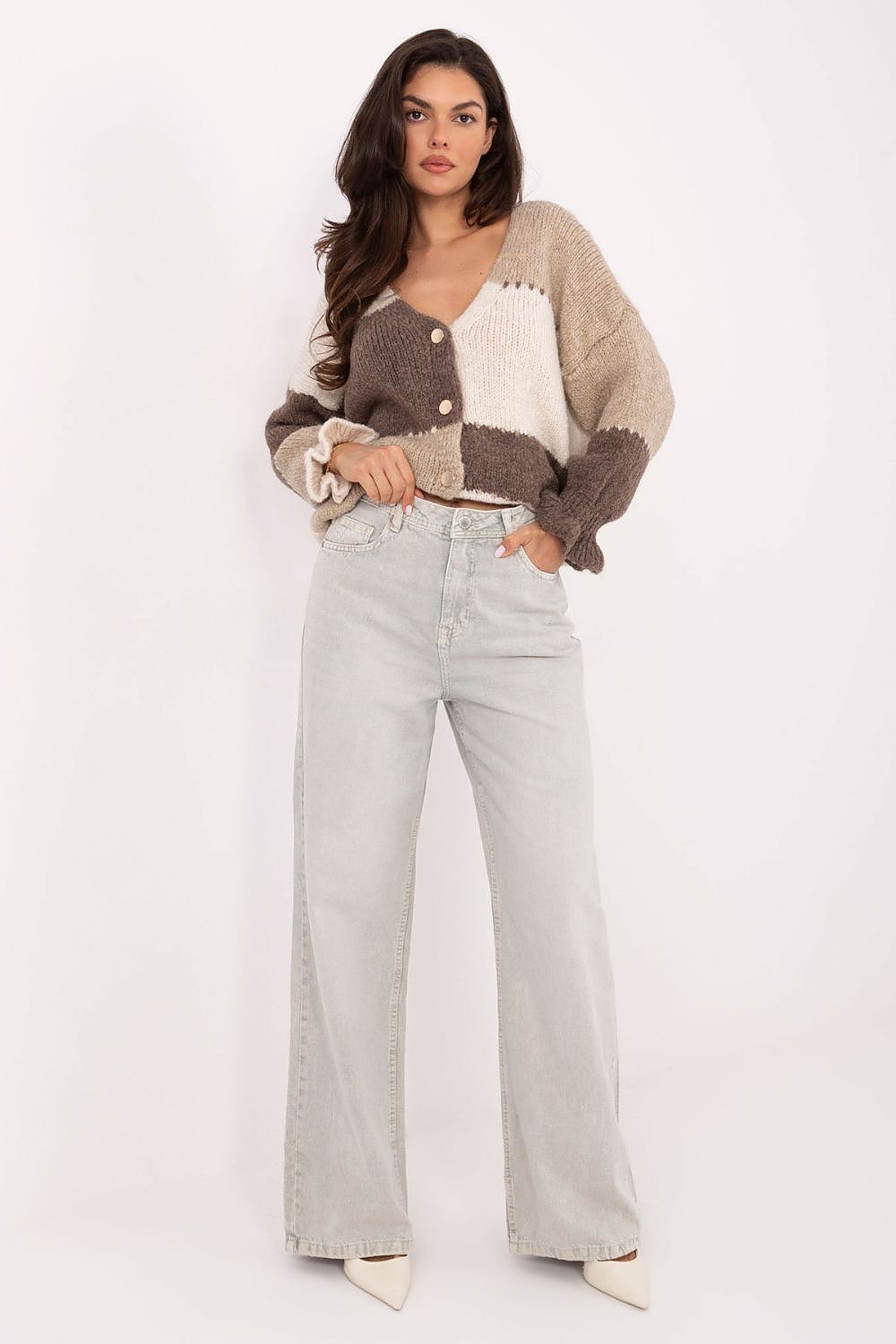 Close-up view of the premium cotton fabric used in Sublevel women's high-waisted wide leg jeans, emphasizing refined craftsmanship and casual sophistication.