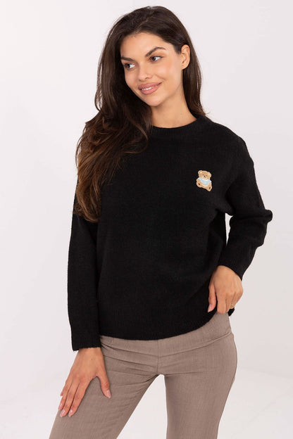Luxurious women's sweater by Factory Price featuring a stylish teddy bear patch, crafted from a high-quality blend of polyamide, wool, viscose, and elastane, ideal for elegant casual wear in EU size 0.