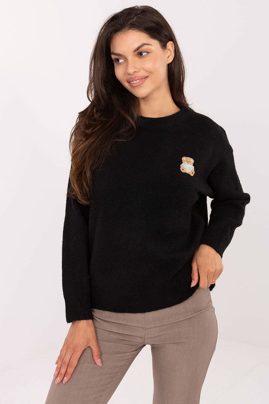 Luxurious women's sweater by Factory Price featuring a stylish teddy bear patch, crafted from a high-quality blend of polyamide, wool, viscose, and elastane, ideal for elegant casual wear in EU size 0.