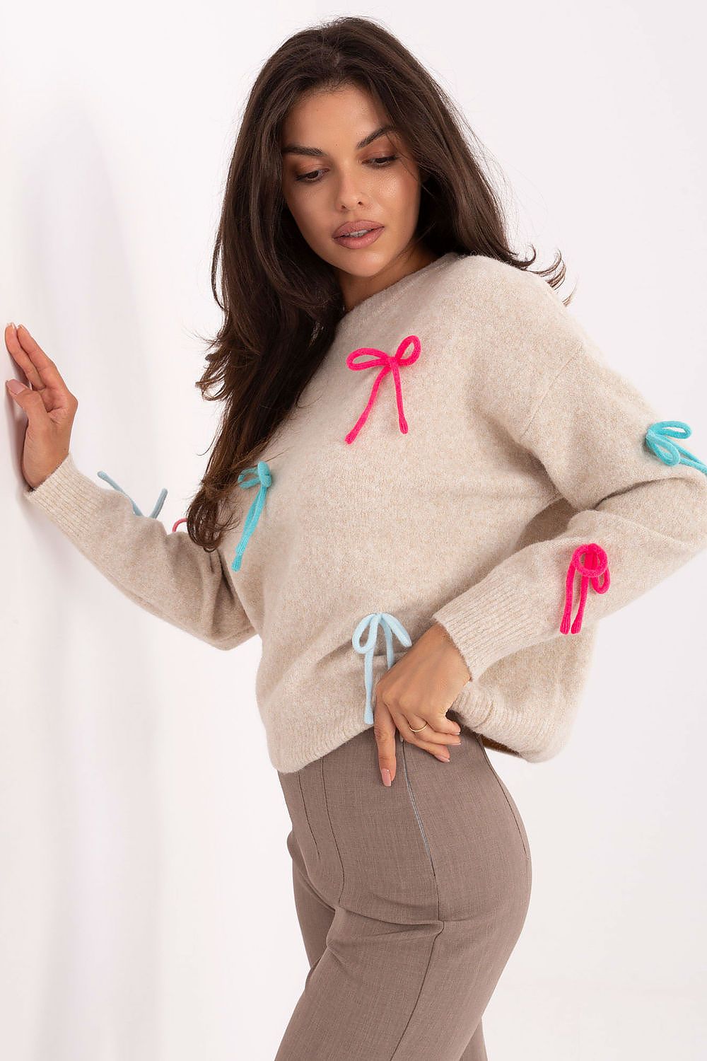 Elegant women's sweater with decorative bows, EU size 0, crafted from a luxury blend of wool, viscose, and polyamide by Factory Price.