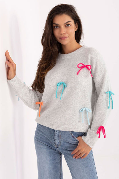 Elegant casual women's sweater with decorative bows, crafted by Factory Price, EU size 0, exhibiting a luxurious blend of wool, viscose, and polyamide.