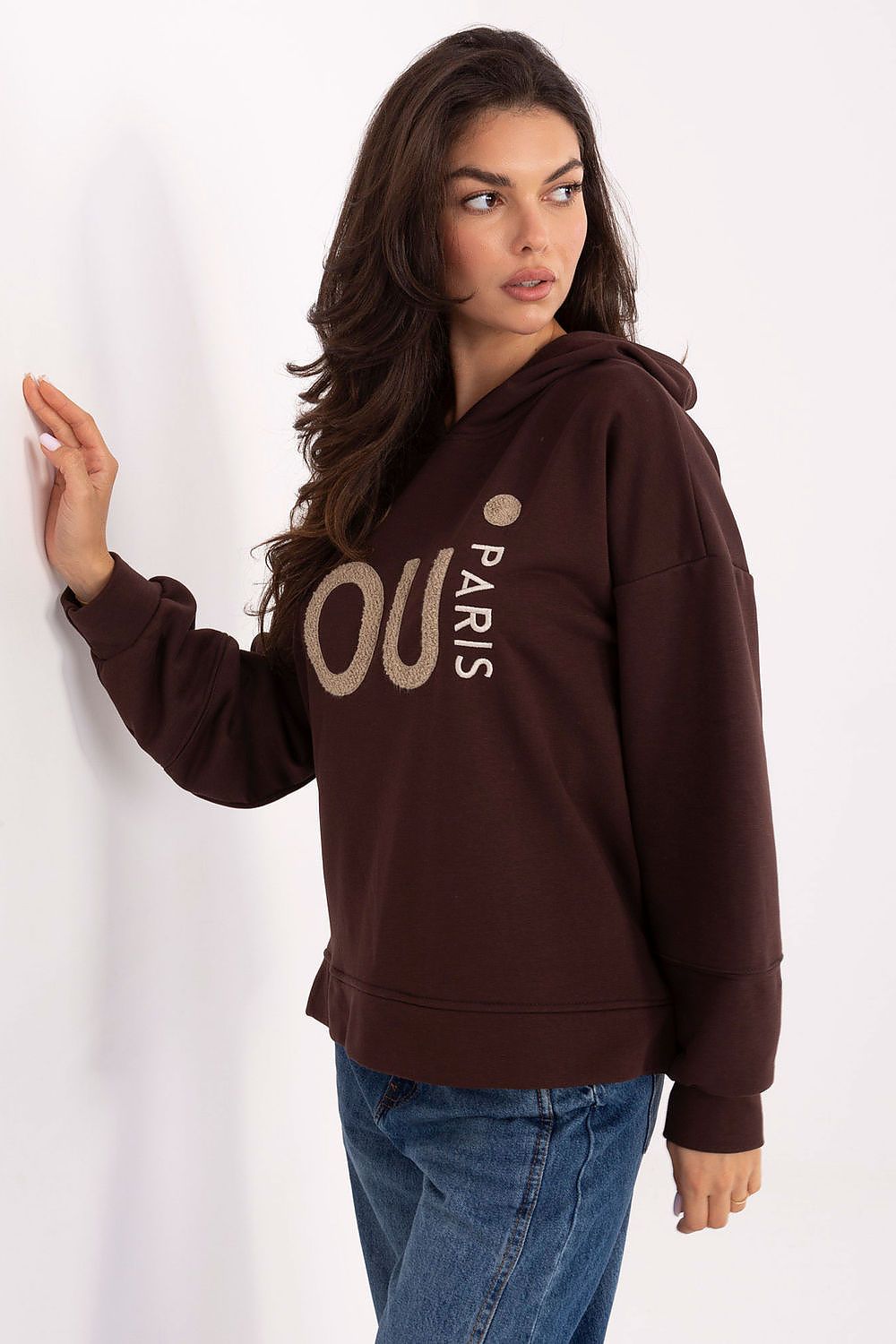 Stylish luxury women's sweatshirt displayed from the side showing modern slit details, brought to you by Factory Price.