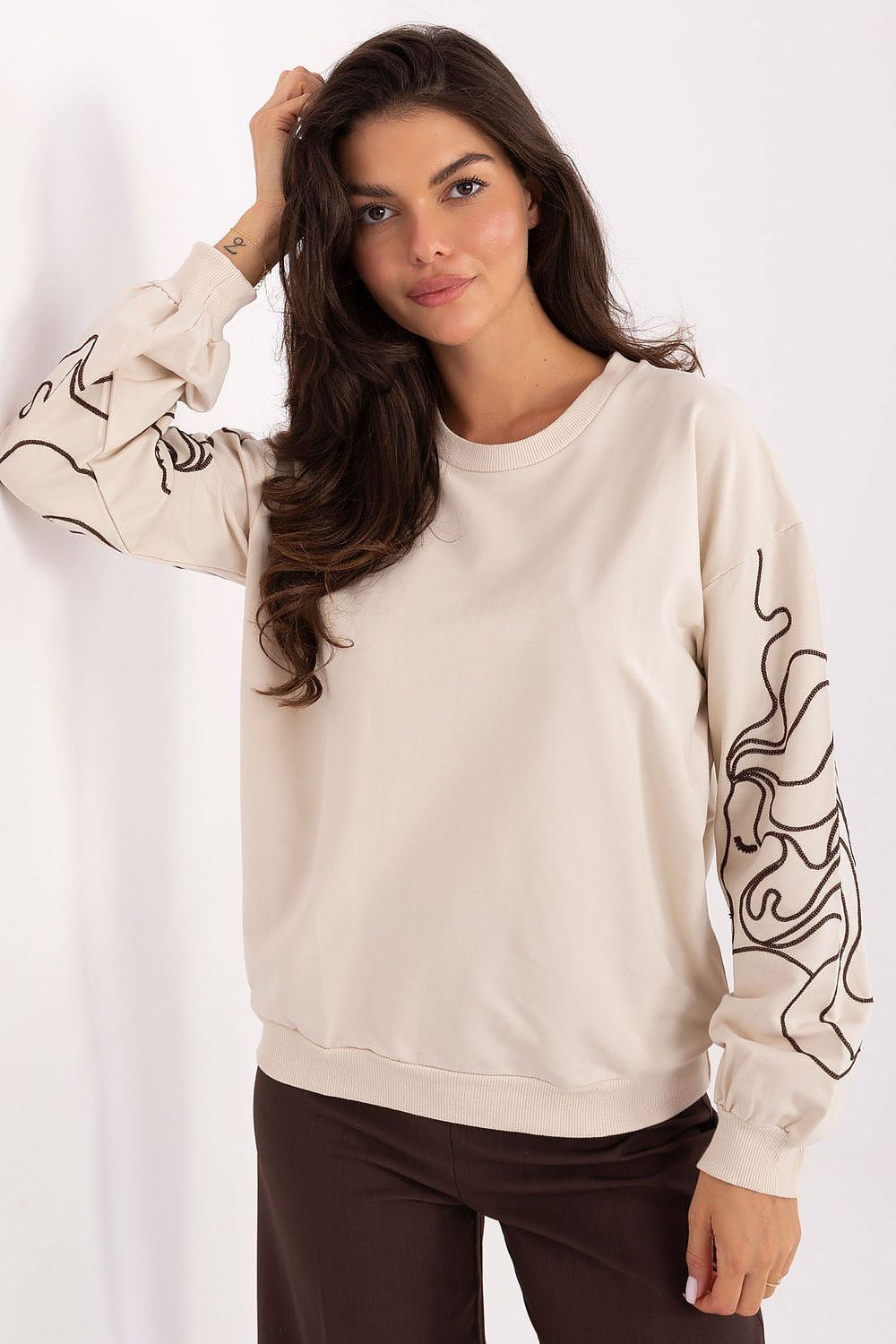 Luxury Women's Cotton-Blend Sweatshirt with Embroidery by Relevance, featuring a classic round neckline and elegant design, perfect for casual styling.