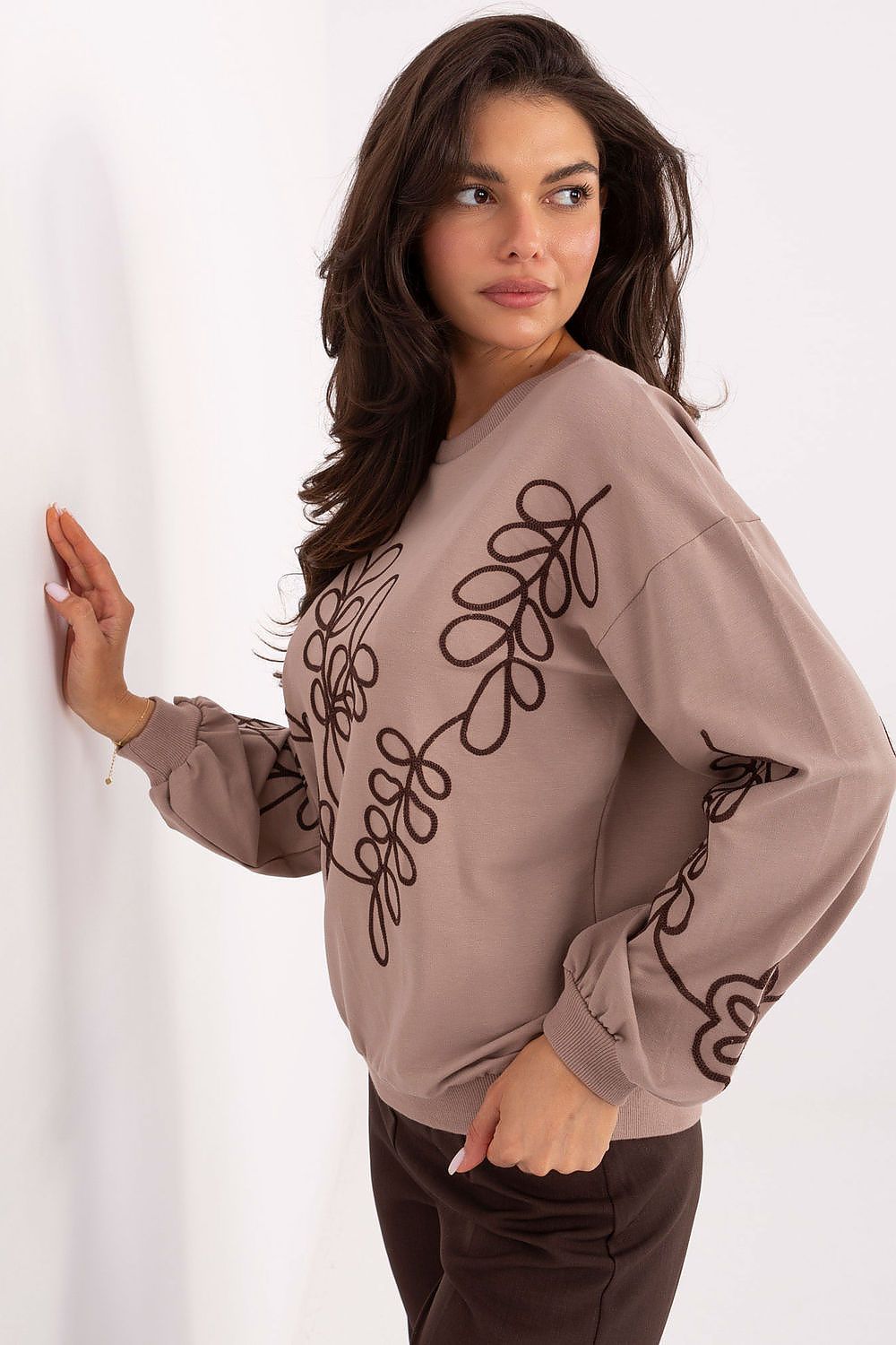 Luxury Women's Cotton Blend Casual Sweatshirt from Relevance featuring subtle embroidery on the front and sleeves, perfect for everyday elegance.