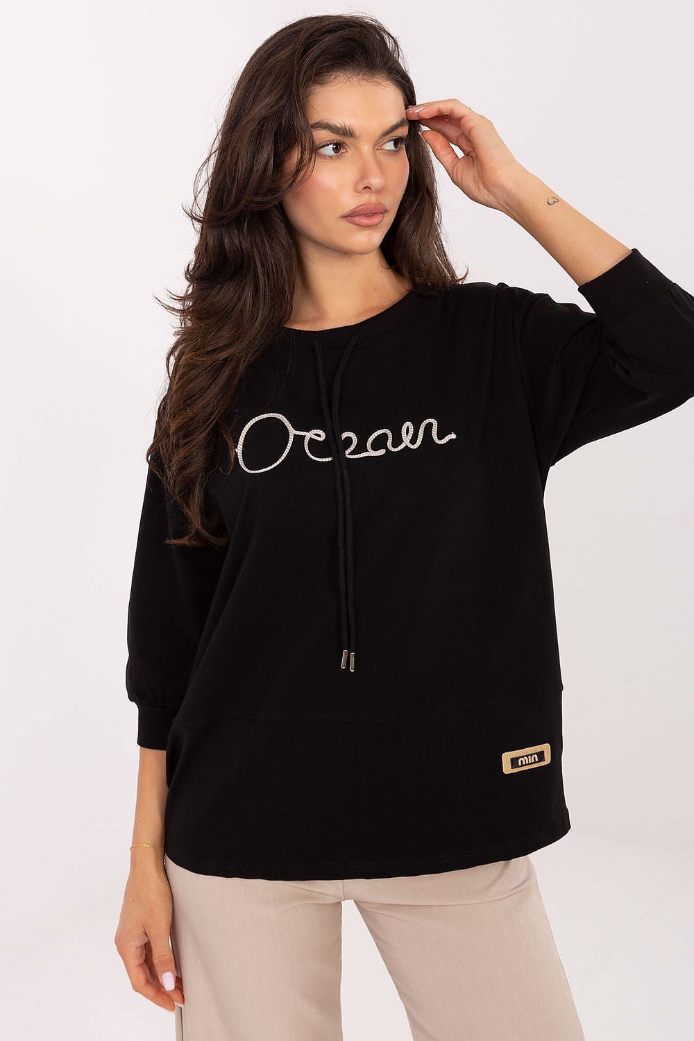 Luxury casual cotton blend blouse by Relevance featuring 3/4 sleeves and decorative neckline, perfect for elegant everyday wear.