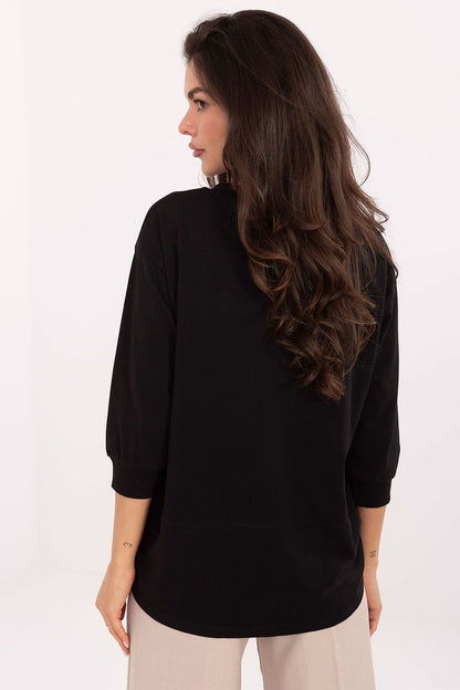 Elegant Luxury Casual Cotton Blend Blouse by Relevance featuring 3/4 sleeves and decorative neckline, perfect for sophisticated everyday wear.
