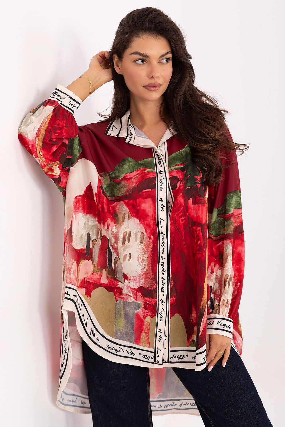 Rue Paris Women's Elegant Long Sleeve Shirt in Viscose-Polyester Blend, showcasing a modern design and classic collar, perfect for sophisticated casual wear.