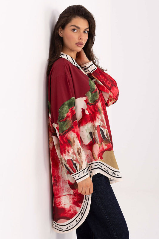 Close-up of Rue Paris Women's Long Sleeve Shirt details, featuring intricate prints and stylish elements for a refined casual look.