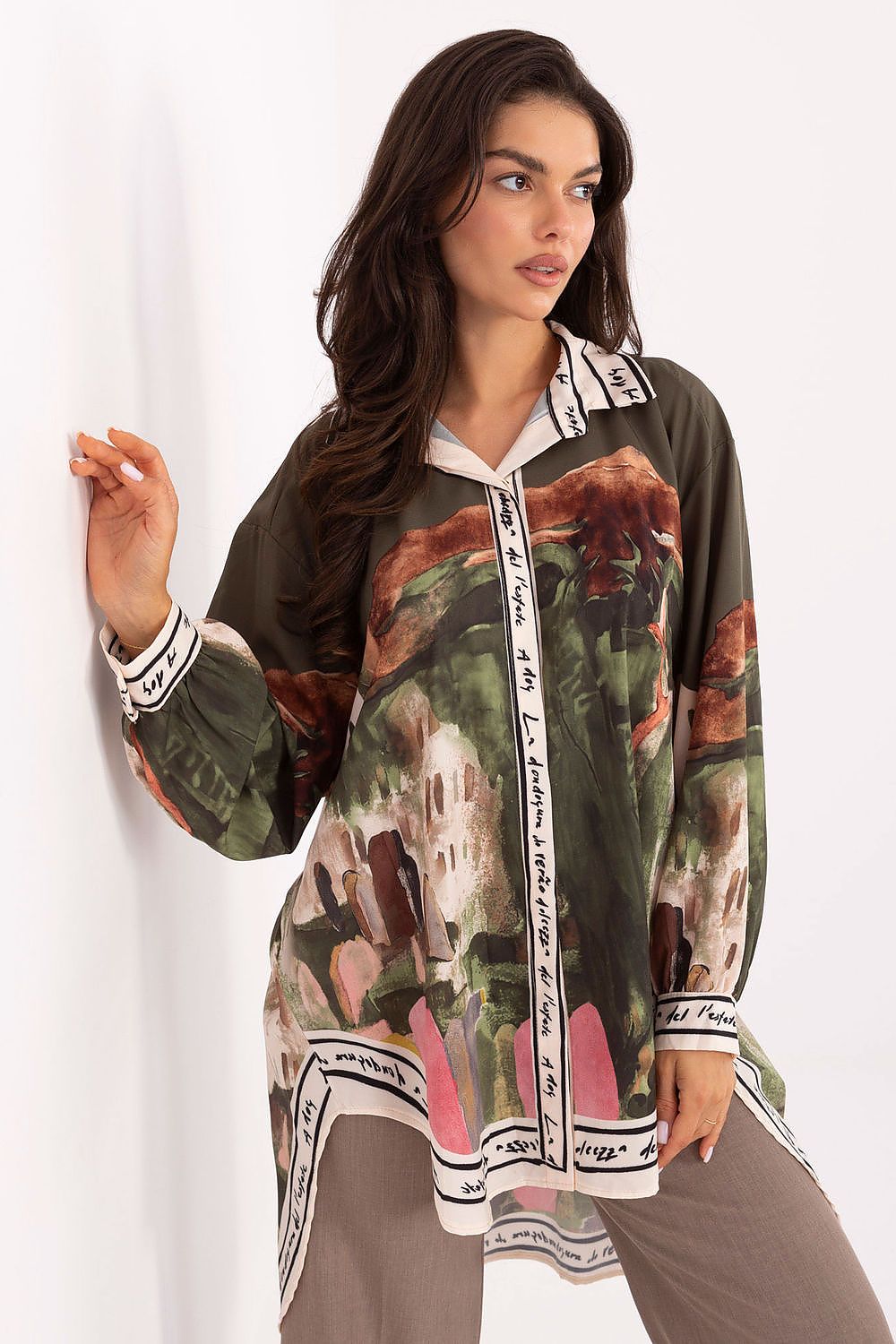 Back view of Rue Paris Women's Long Sleeve Shirt, displaying its sophisticated design and premium viscose-polyester fabric blend.