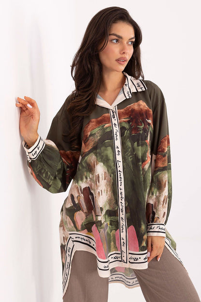 Back view of Rue Paris Women's Long Sleeve Shirt, displaying its sophisticated design and premium viscose-polyester fabric blend.