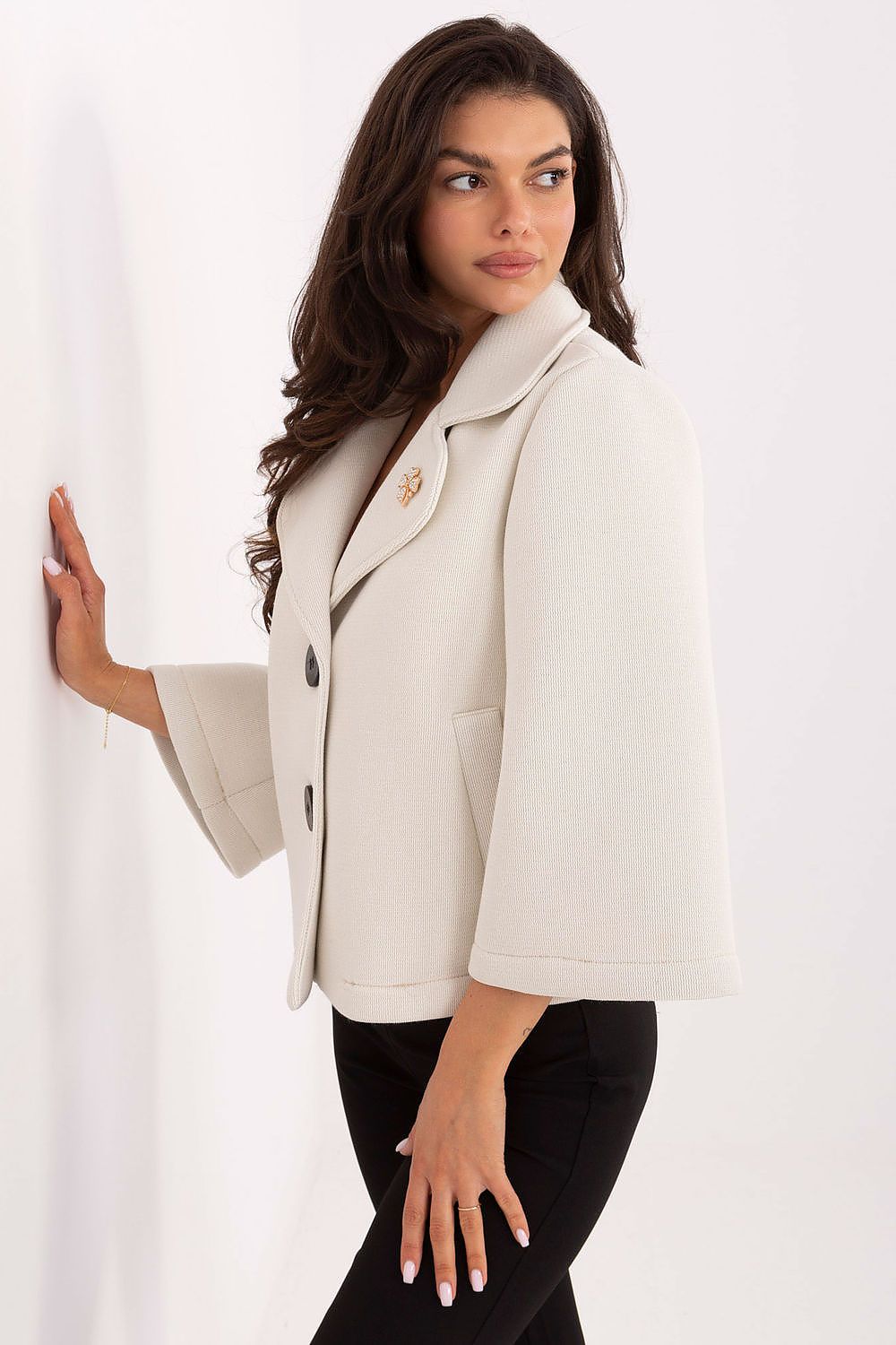 Elegant 3/4 sleeve women's coat by Rue Paris in rich fabric, perfect for autumn and winter styles.
