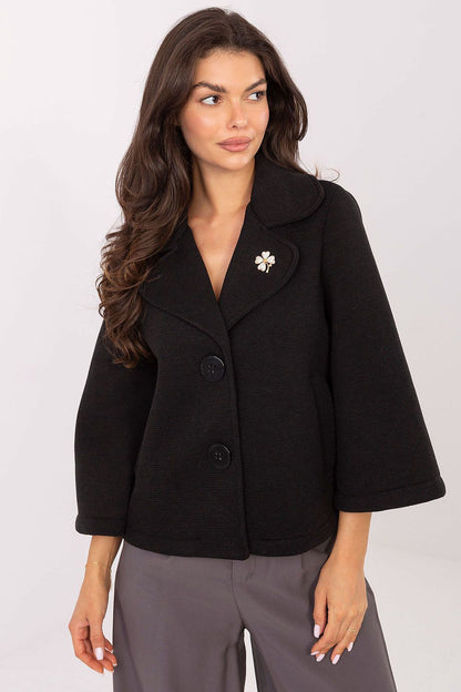 Chic short coat by Rue Paris featuring smooth polyester-viscose blend, enhancing elegance in chilly weather.